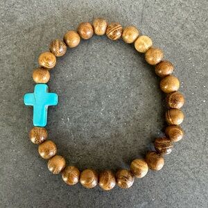 Wooden Bead Bracelet with Turquoise Cross